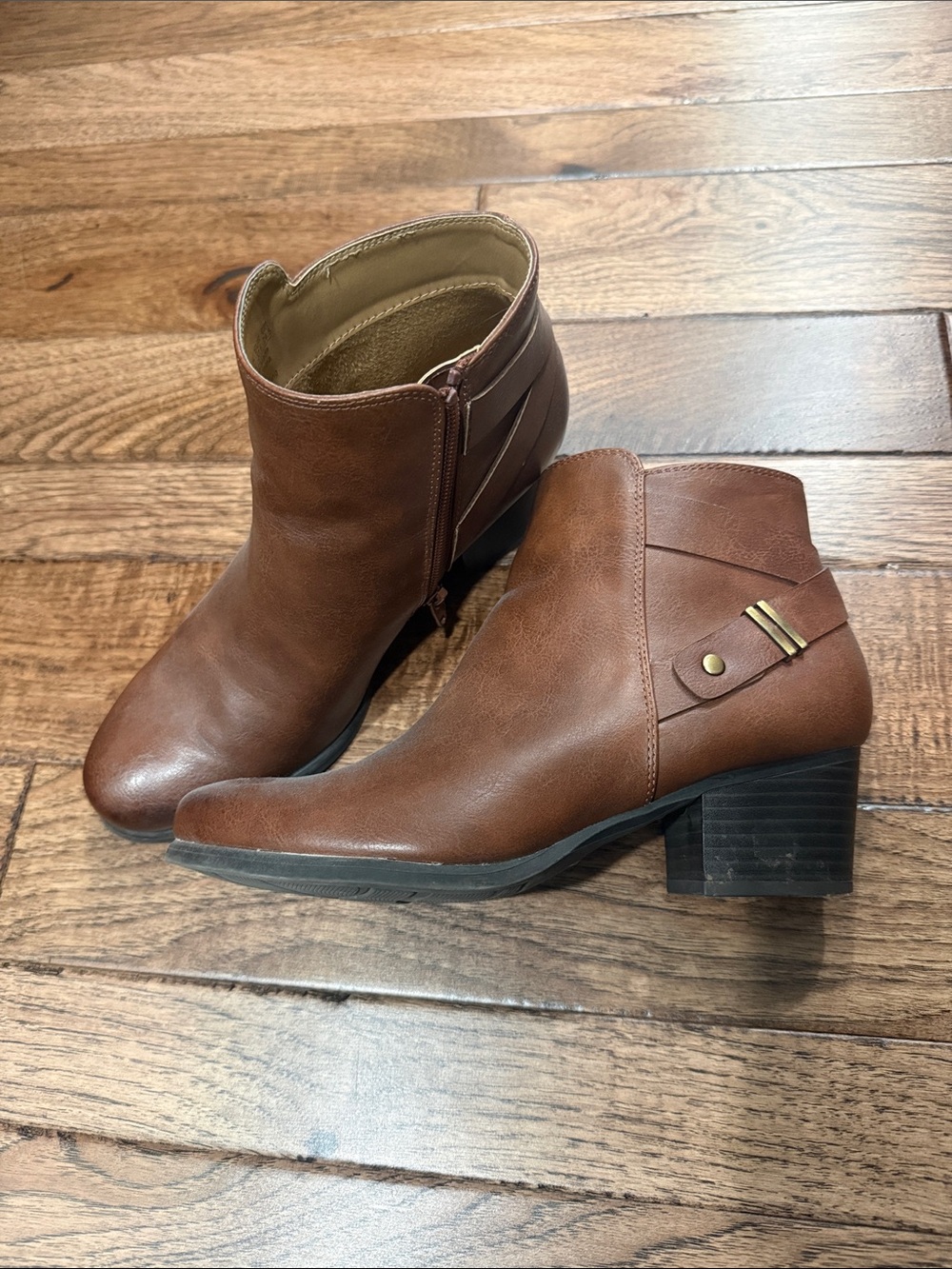 Natural Soul Brown Faux-Leather Ankle Booties with Low Block Heel